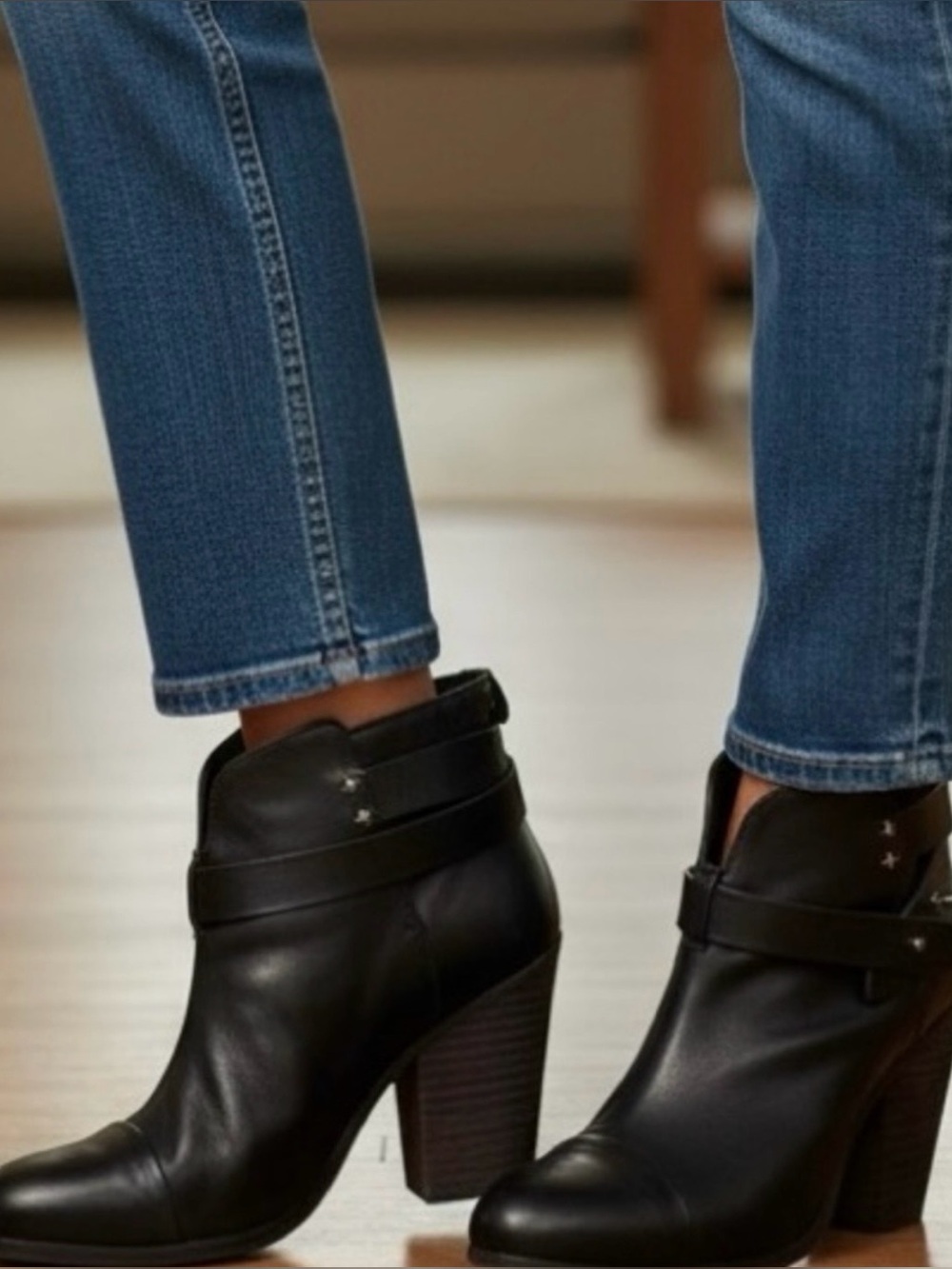 rag & bone Black Leather Ankle Booties with Buckle Strap
